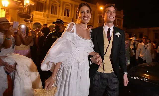 Claudia wore a lace, off-shoulder gown, wedding dress. rincess Margaretha, Princess Claire, Prince Sebastien, Princess Alexandra