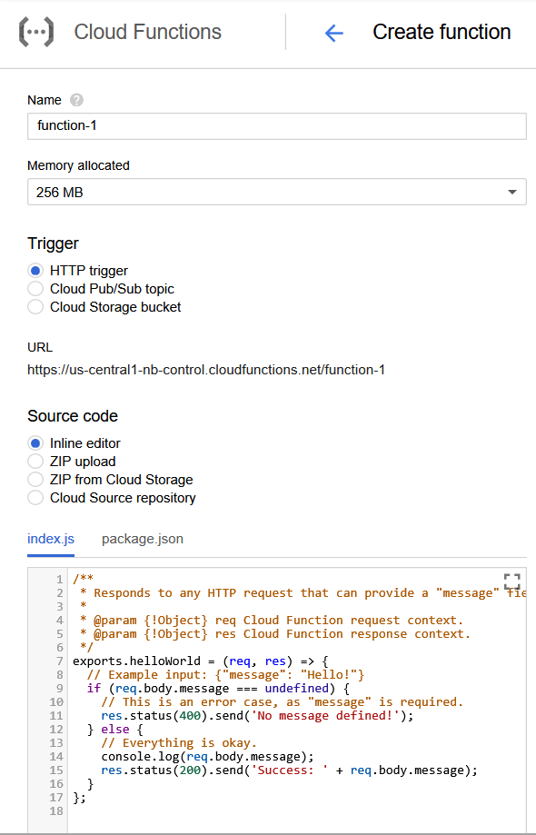 GCP Create Function: configuration phase 1