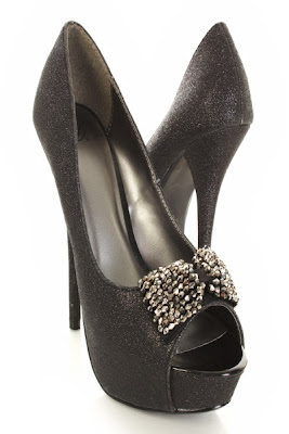 Black Glitter Upper Beaded Bow Peep Toe Heels