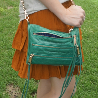 rust ruffle skirt with Rebecca Minkoff emerald green mini 5-zip rocker bag | awayfromblue blog