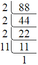 Prime factorization of 88 by division method.