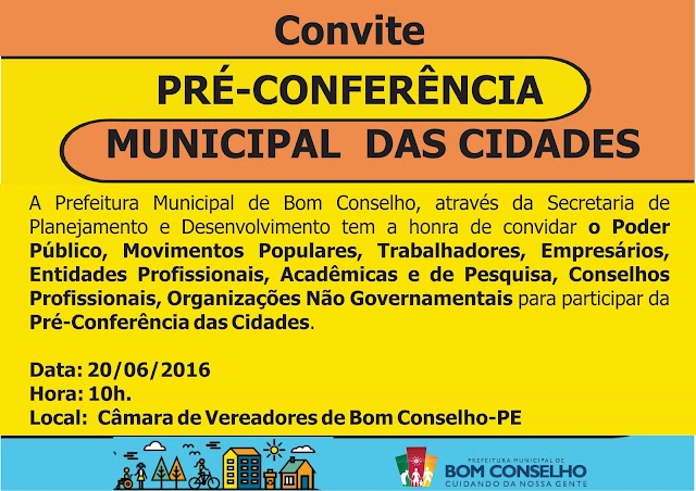 PRÉ-CONFERÊNCIA DAS CIDADES IRÁ ACONTECER DIA 20/06 EM BOM CONSELHO