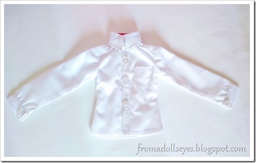 A white button down shirt for a msd or 1/4 scale ball jointed doll, bought from Alice's Collections.  Unwrapped and ready to try on the doll