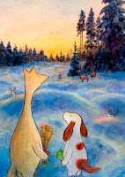 Postikorttikuvitus, missä Hulmu Hukka ja Haukku Koira ovat ruokkimassa eläimiä joulunaikaan / Postcard illustration of Hulmu and Haukku dog feeding animals in Christmas