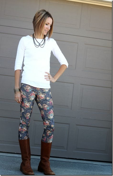 Floral jeans and tall boots