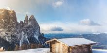 Wooden House on Top of Snowy Mountain