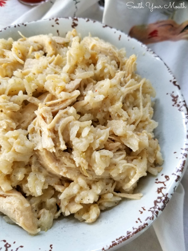 Southern Style Crock Pot Chicken & Rice! An easy slow cooker recipe for a Carolina favorite made with tender stewed chicken and long grain rice. No precooking the chicken and no instant rice – everything cooks in the crock pot!