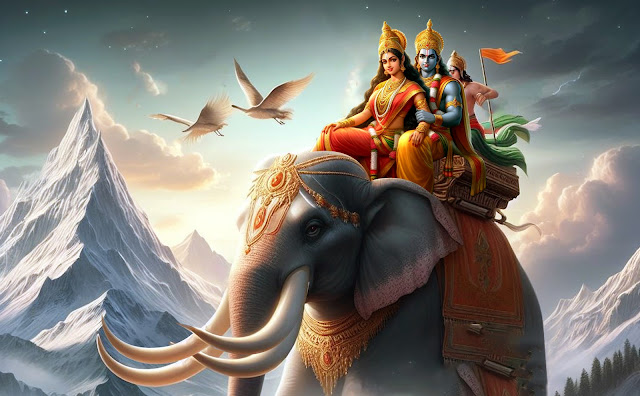 Trijata's dream Seetha Rama and Lakshmana riding in a four tusked elephant