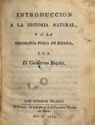 Portada de Introducción a la Historia Natural y a la Geografía Física de España, de Guillermo Bowles. Primera edición,  1775.