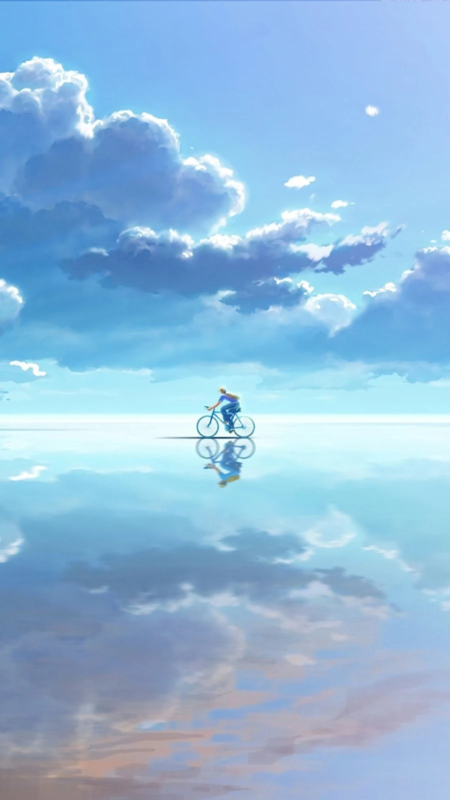 Anime, Lindo Céu com Nuvens. Horizonte, Garoto Anime na Bicicleta