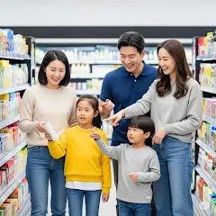 행복한 가족이 민생회복소비쿠폰을 신청한 뒤 쇼핑을 하는 장면
