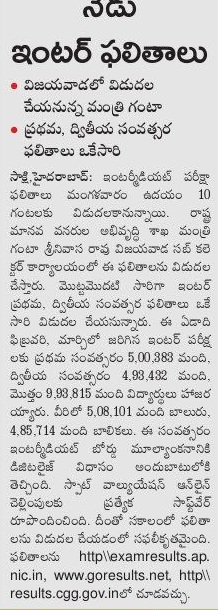 AP Inter First Year and Second Year Results with Marks 2016