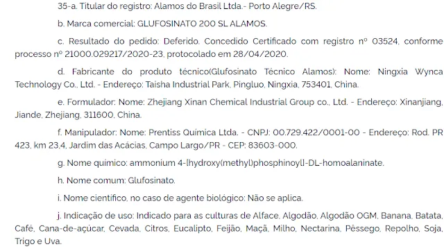 Imagem mostra ato do Ministério da Agricultura com informações sobre agrotóxicos também para a cana-de-açúcar