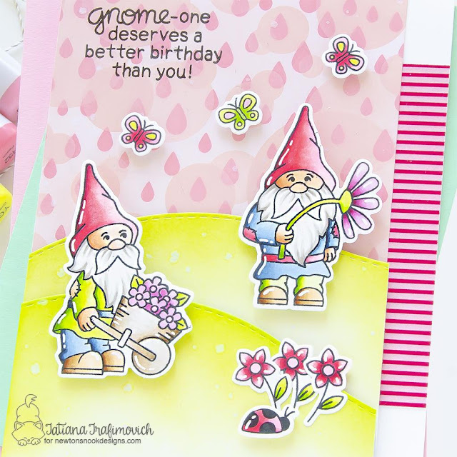 Gnome Birthday Card by Tatiana Trafimovich | Gnome Garden Stamp Set, Land Borders Die Set, Bokeh Stencil Set and Raindrops Stencil by Newton's Nook Designs #newtonsnook