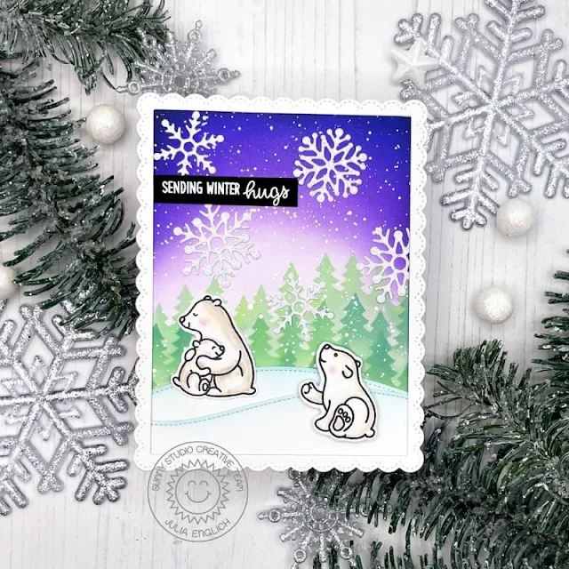 Sunny Studio Stamps: Forest Tree Stencils Bear Hugs Lacy Snowflake Dies Winter Themed Card by Julia Englich