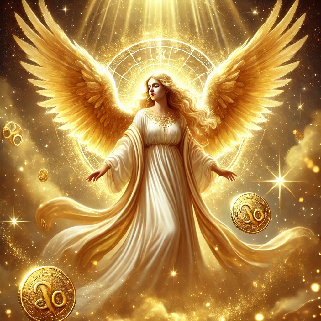 A celestial angel surrounded by golden light, inspiring Capricorn to manifest stability and financial abundance.