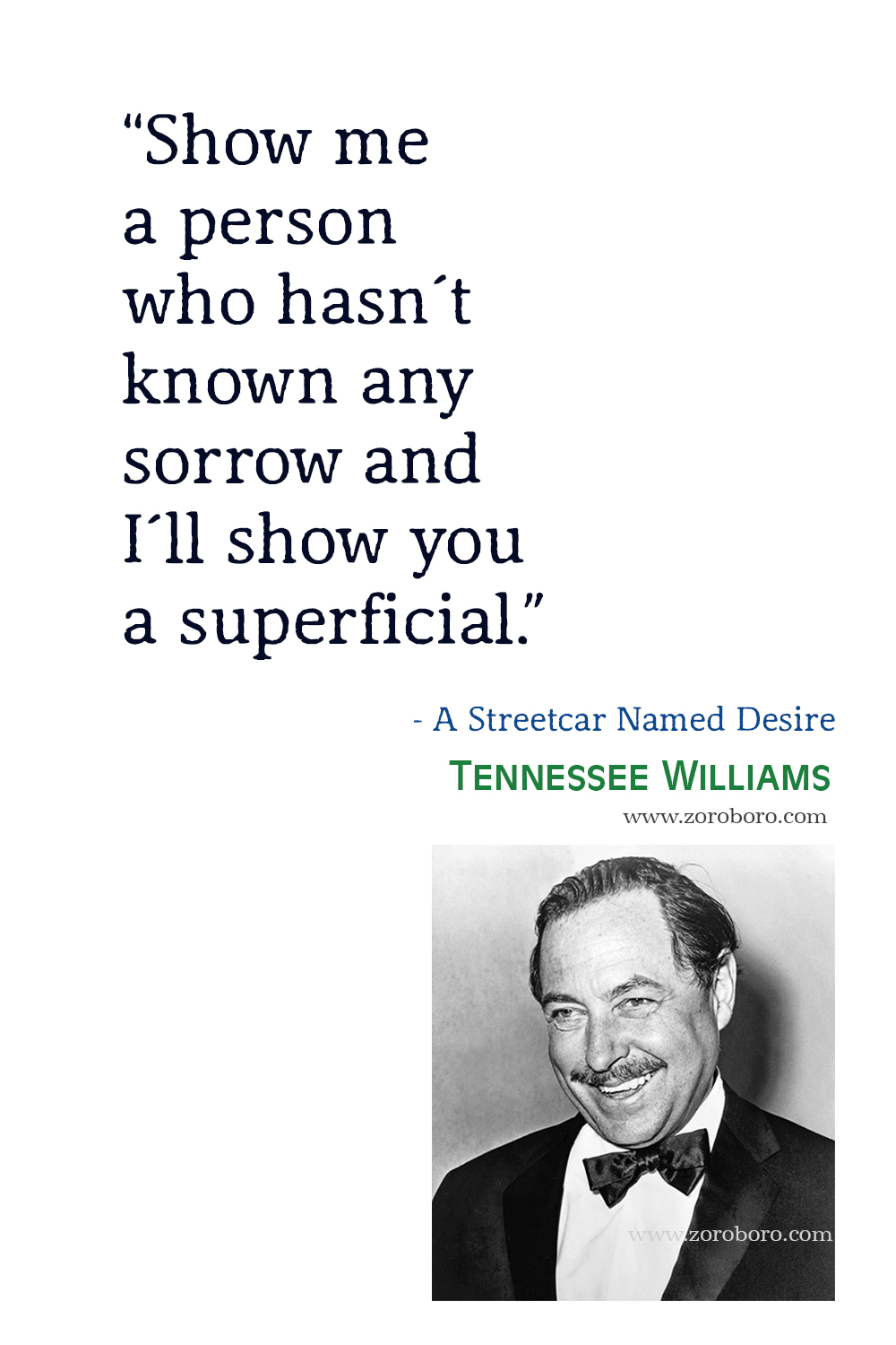 Tennessee Williams Quotes, Tennessee Williams Books Quotes, Tennessee Williams A Streetcar Named Desire, Love, Life, Happiness & Success Quotes, Tennessee Williams Poems, Poetry, Tennessee Williams The Glass Menagerie Quotes, Tennessee Williams Cat on a Hot Tin Roof Quotes.