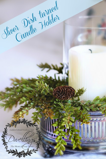 Silver dish and pine cone wreath turned candle holder for the guest room.