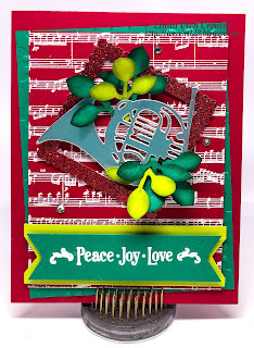 Linda Vich Creates: Peace, Joy, and Love. A colorful and festive card that uses the Musical Instruments Framelits and the Sheet Music stamp set.