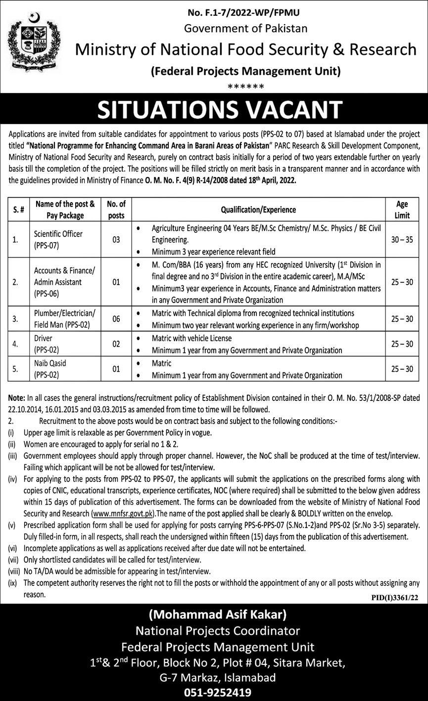 Latest Ministry of National Food Security & Research MNFSR Management Posts Islamabad 2022