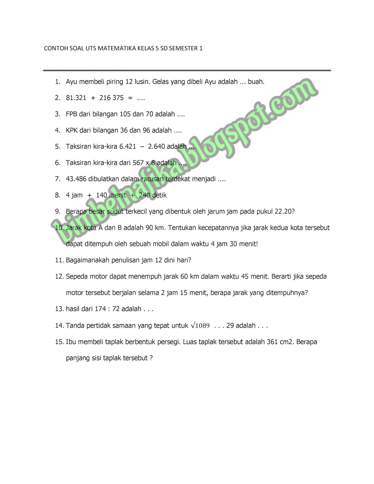 SOAL UTS MATEMATIKA KELAS 5 SD SEMESTER 1 page