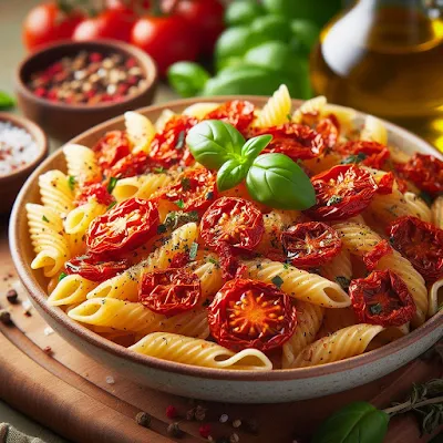 Auf dem Bild ist ein Teller gefüllt mit Pasta und einer Sauce aus getrockneten Tomaten mit Basilikum zu sehen.