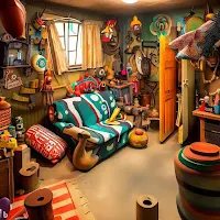 A comical scene of a one-room self-contain in Nigeria with quirky furniture and colorful decor.