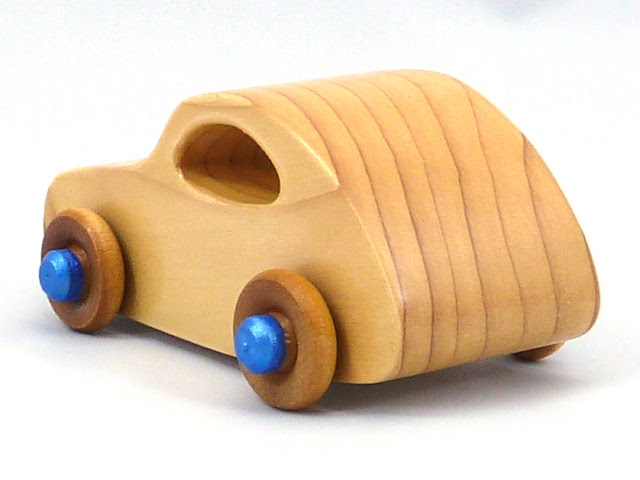 Wood Toy Car, 1957 Bug From the Play Pal Series, Satin Polyurethane Finish with Metallic Blue Sapphire Trim, Handmade