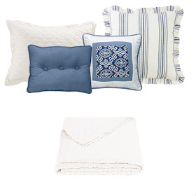 Prescott Navy striped Euro sham, Monterey decorative throw pillows, Vintage white linen quilt and pillow sham