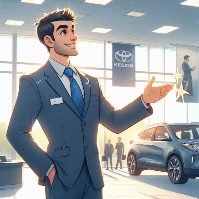 A car salesman at a car showroom selling his merchandize like a boss