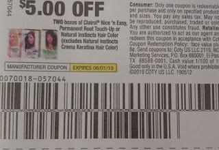 $5.00/2  Clairol Nice ‘n Easy, Permanent Root Touch-Up or Natural Instincts Hair Color Boxes Coupon from "SMART SOURCE" insert week of 5/12.