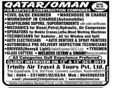 Engineers, Mechanics, Technicians for Oman, Qatar