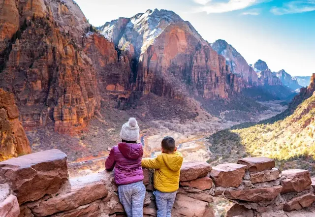 Two kids enjoying sightseeing at Zion National Park