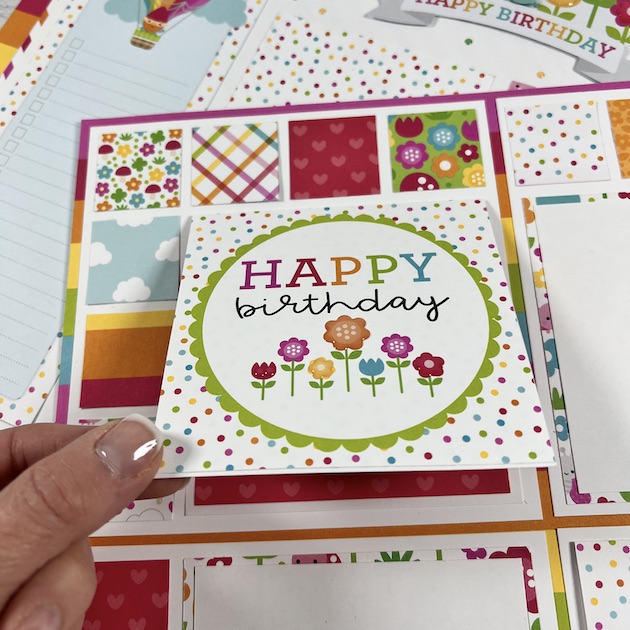 12x12 Spring Birthday Scrapbook Page Layout with a flip-up card and flowers