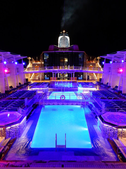 pool deck at night