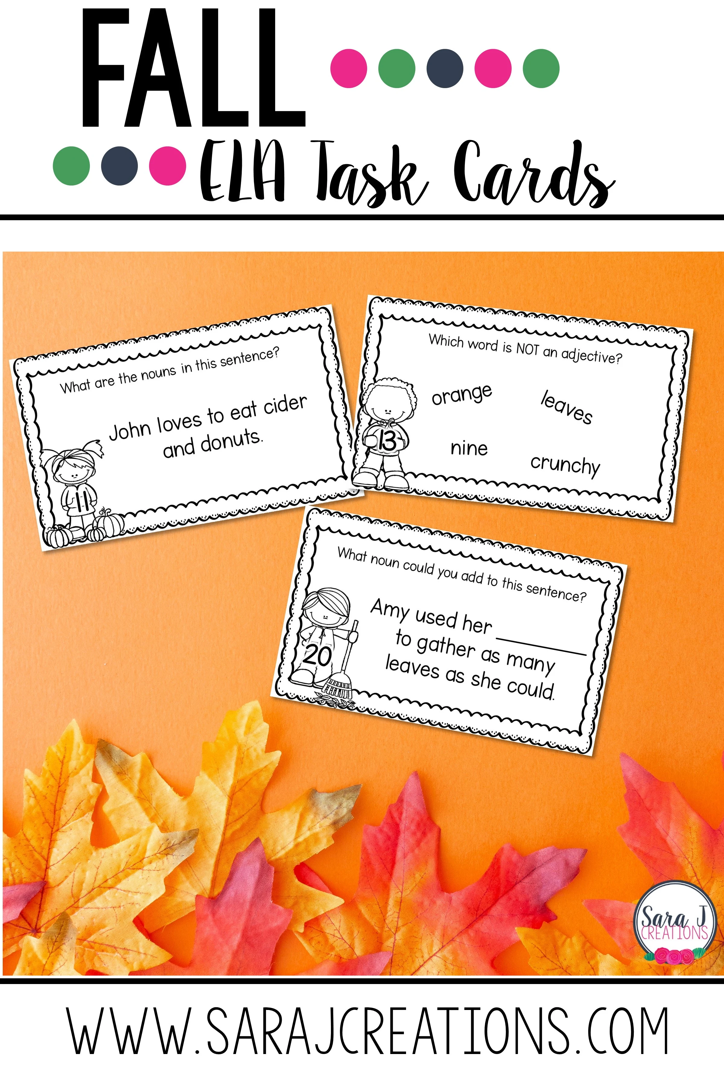 Fall task cards for second grade. Perfect for reviewing parts of speech