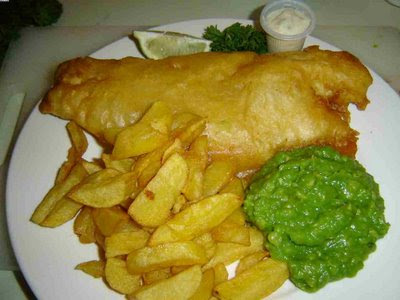 fish and chips and peas. pub for fish and chips on