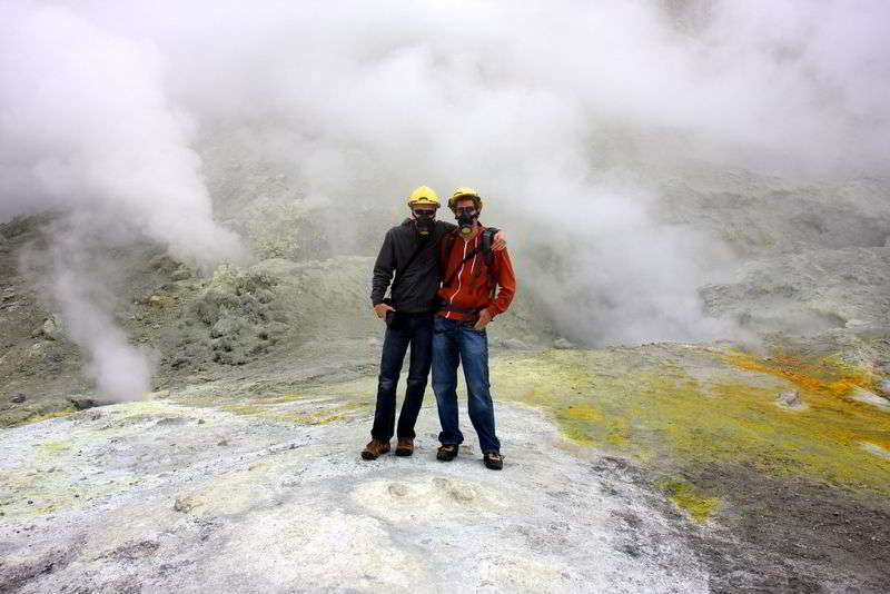 Wearing gas masks in the volcano