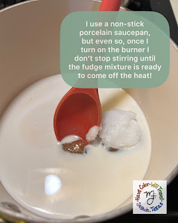 An enameled saucepan full of ingredients and a spoon getting ready to stir. A sticker on the photo describes the style of pan for the reader.