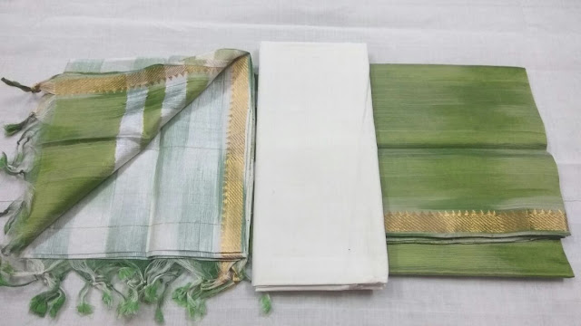 Parrot green color Mangalagiri Semi Silk Dress materials