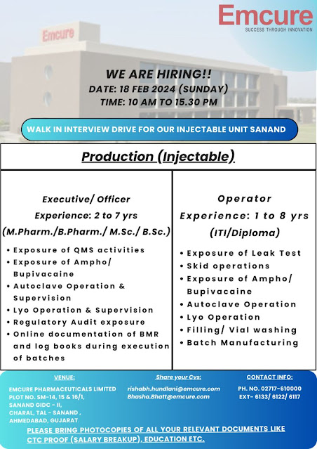 Emcure Pharma Walk In Interview For Production Department