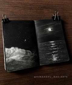 06-Clouds-moon-stars-and-ocean-Nighttime-Charcoal-Drawing-Himanshu-www-designstack-co