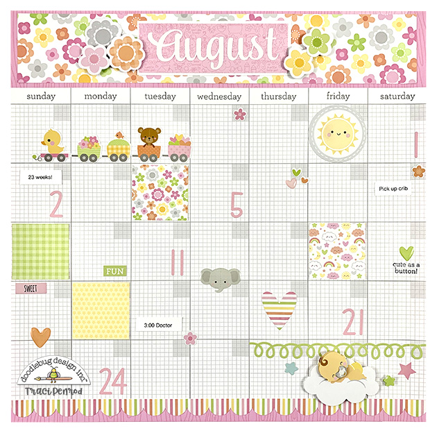12x12 Pregnancy Calendar Scrapbook Page with a flowers, a train, a sleeping baby, and toys