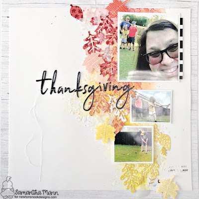 Thanksgiving Scrapbook Layout by Samantha Mann for Newton's Nook Designs, mixed media, scrapbooking, watercolor, autumn, leaves, stencil #newtonsnook #newtonsnookdesigns #scrapbooklayout #scrapbooking #watercolor #mixedmedia