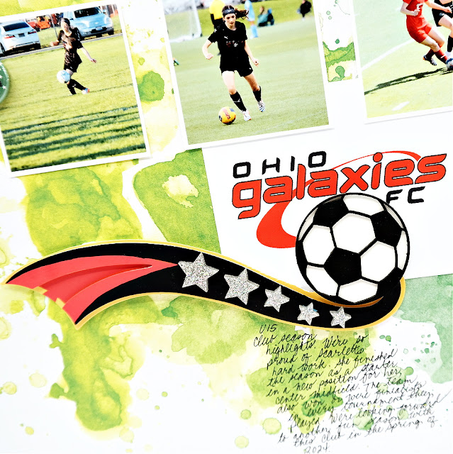 Soccer Scrapbook Layout Title with Chipboard Soccer Ball, Club Logo, and Acrylic Stars