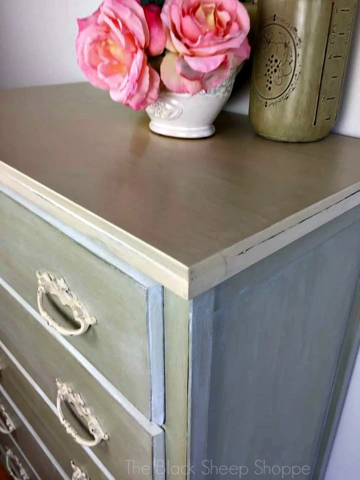 View of repaired top on chest of drawers