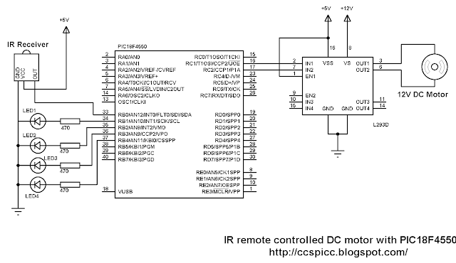 IR RC5 remote controlled DC motor using PIC18F4550 microcontroller L293D circuit CCS PIC C