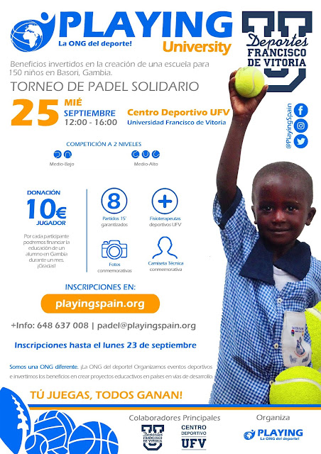 Torneo Pádel Solidario gracias a la ONG Playing en la Universidad Francisco de Vitoria. 25 Septiembre 2019, Madrid.