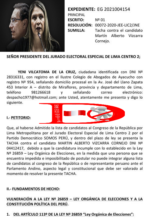 Yeni Vilcatoma presenta tacha a candidatura al Congreso de Martín Vizcarra