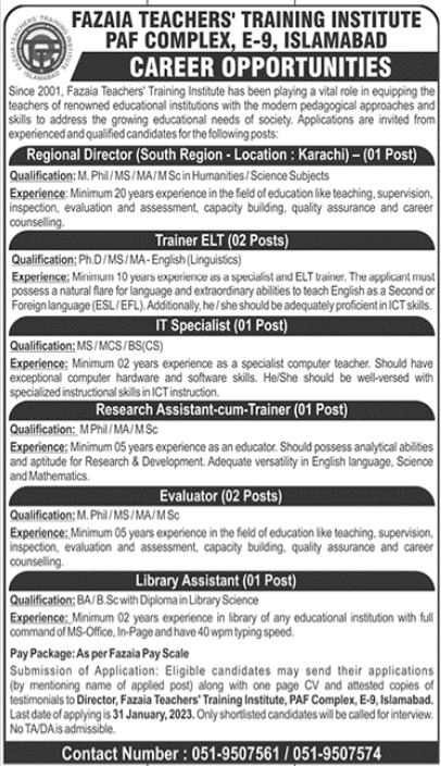 Latest Fazaia Teachers Training Institute Islamabad Management Posts Islamabad 2023